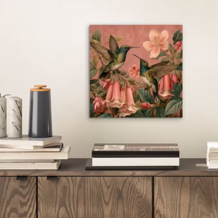 Aluminium schilderij - Kolibries - Bloemen - Groen - Roze — 2