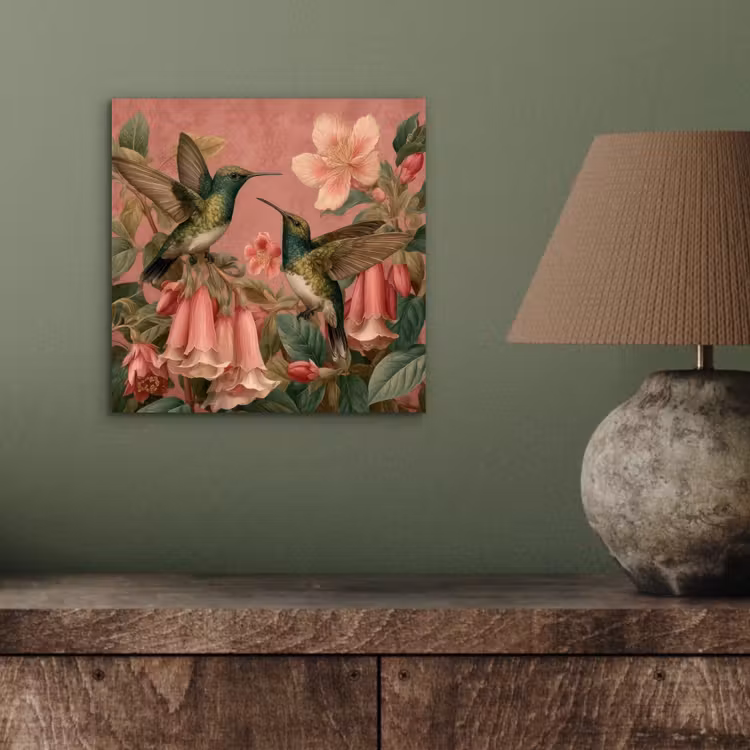 Aluminium schilderij - Kolibries - Bloemen - Groen - Roze — 3