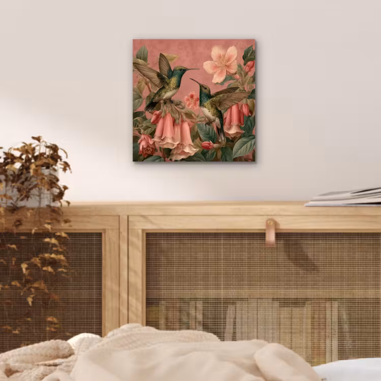 Aluminium schilderij - Kolibries - Bloemen - Groen - Roze — 4