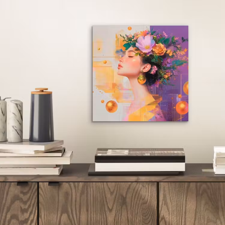 Aluminium schilderij - Abstract - Vrouw - Bloemenkroon - Goud — 2