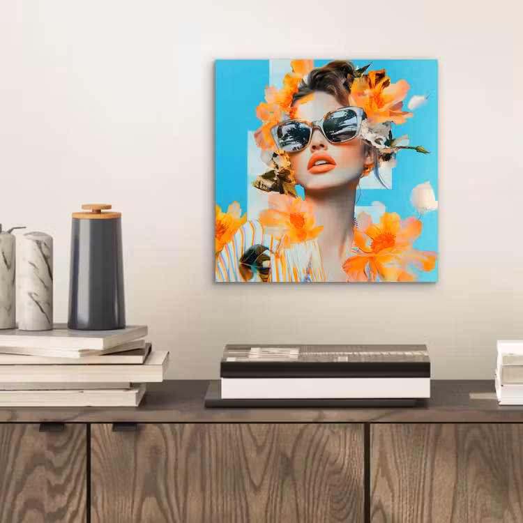 Aluminium schilderij - Bloemen - Vrouw - Zonnebril - Blauw — 2