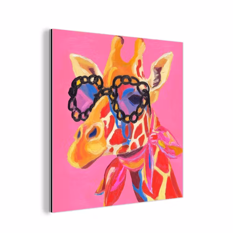 Aluminium schilderij - Giraf - Roze - Bril - Sjaal — 1