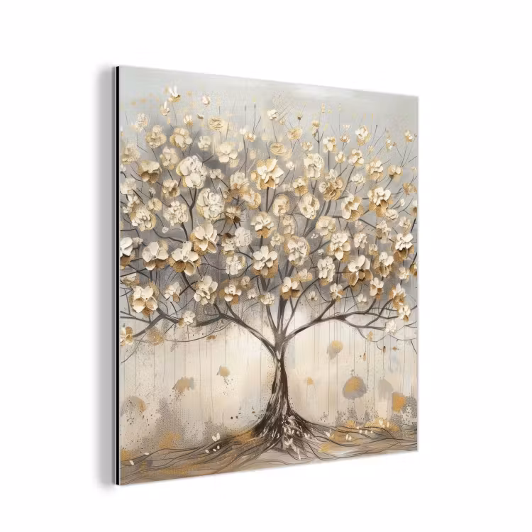 Aluminium schilderij - Boom - Beige - Goud - Verflook - Grijs — 1
