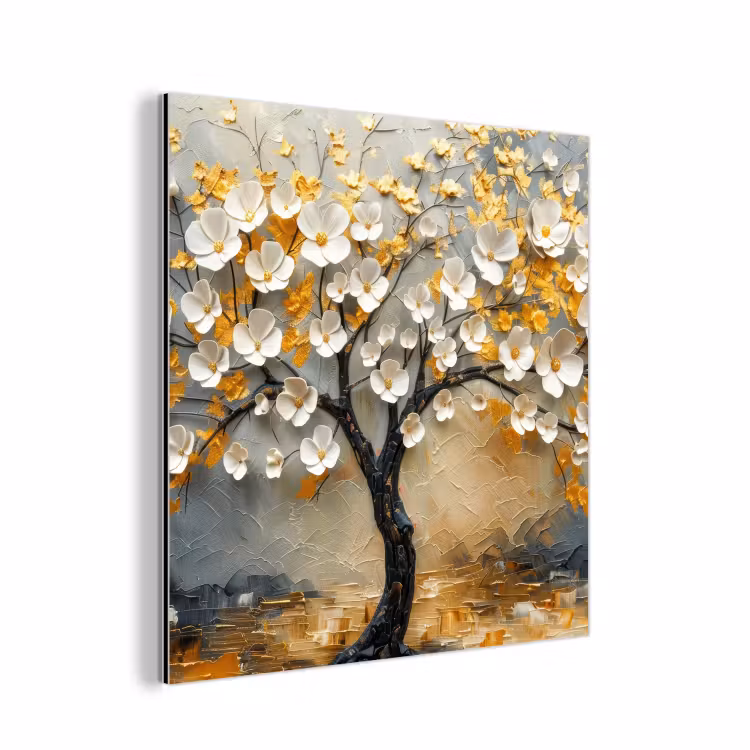 Aluminium schilderij - Boom - Bloemen - Goud - Beige — 1