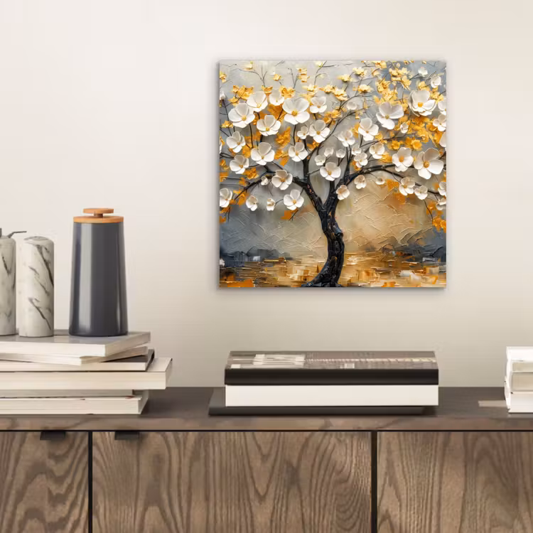 Aluminium schilderij - Boom - Bloemen - Goud - Beige — 2