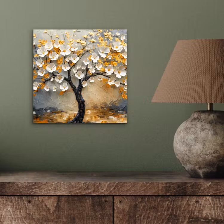 Aluminium schilderij - Boom - Bloemen - Goud - Beige — 3