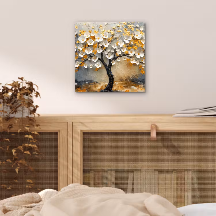 Aluminium schilderij - Boom - Bloemen - Goud - Beige — 4