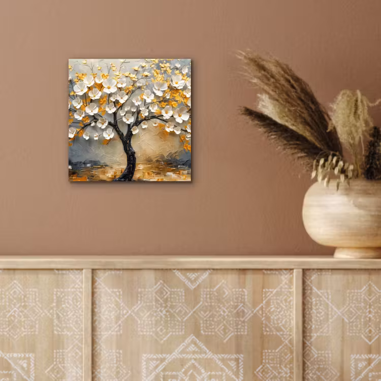 Aluminium schilderij - Boom - Bloemen - Goud - Beige — 5