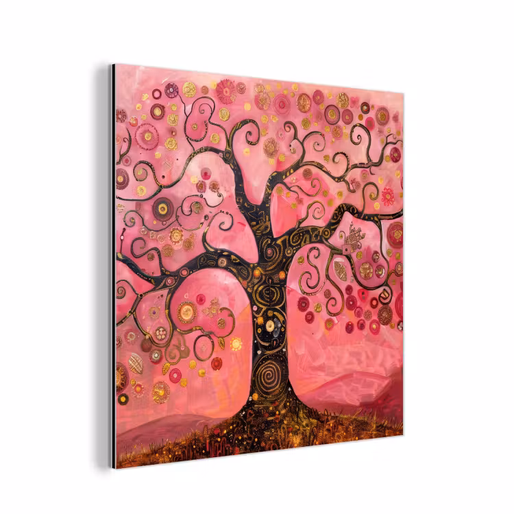 Aluminium schilderij - Boom - Levensboom - Roze - Goud — 1