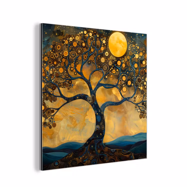 Aluminium schilderij - Boom - Maan - Bloemen - Goud - Kunst — 1