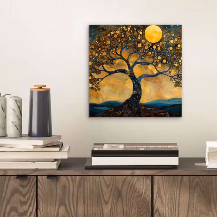 Aluminium schilderij - Boom - Maan - Bloemen - Goud - Kunst — 2