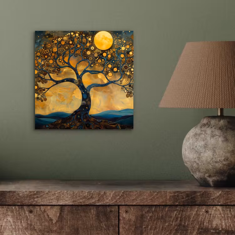 Aluminium schilderij - Boom - Maan - Bloemen - Goud - Kunst — 3