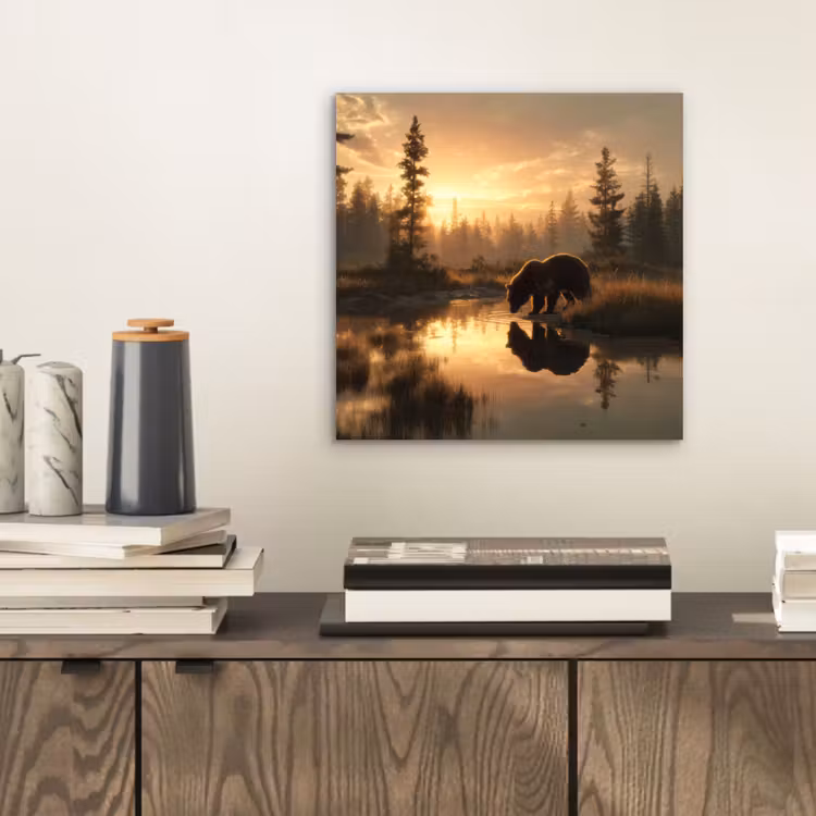 Aluminium schilderij - Beer - water - Bos - Ochtendlicht — 2