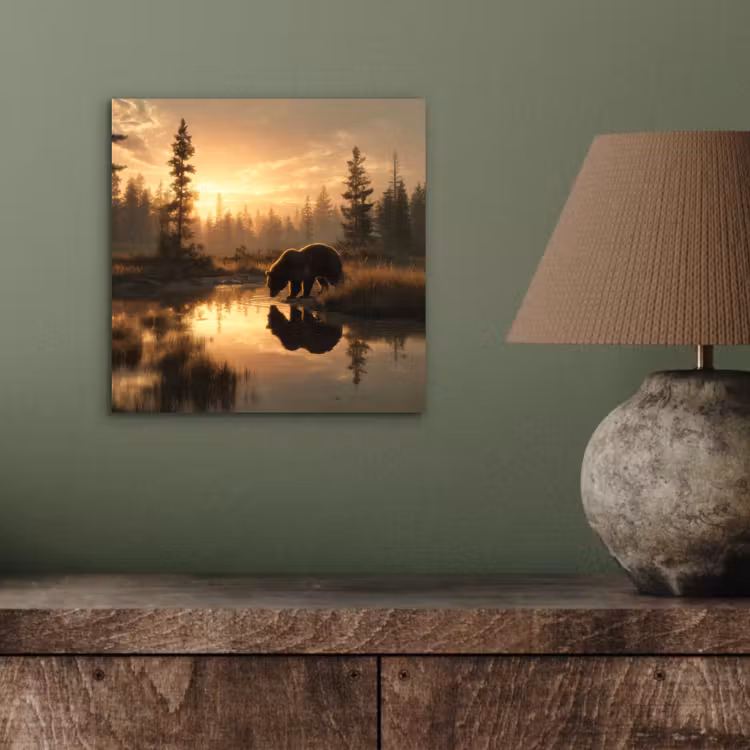 Aluminium schilderij - Beer - water - Bos - Ochtendlicht — 3