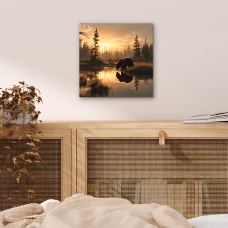 Aluminium schilderij - Beer - water - Bos - Ochtendlicht — 4