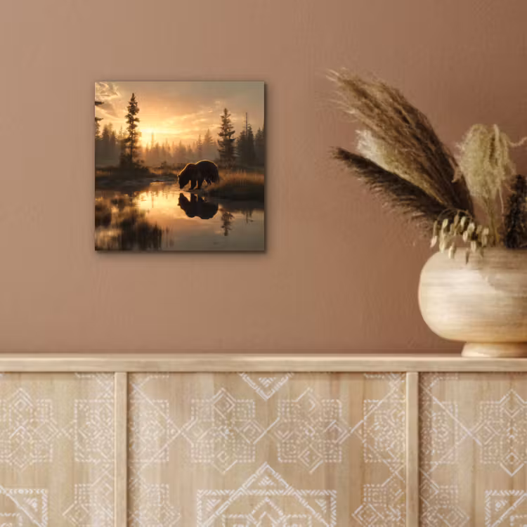 Aluminium schilderij - Beer - water - Bos - Ochtendlicht — 5