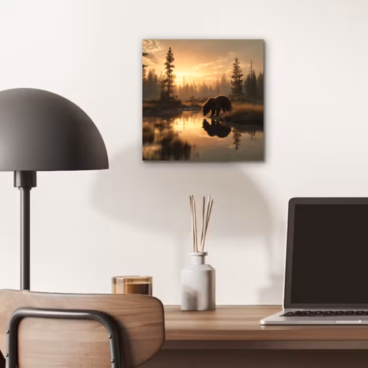 Aluminium schilderij - Beer - water - Bos - Ochtendlicht — 6