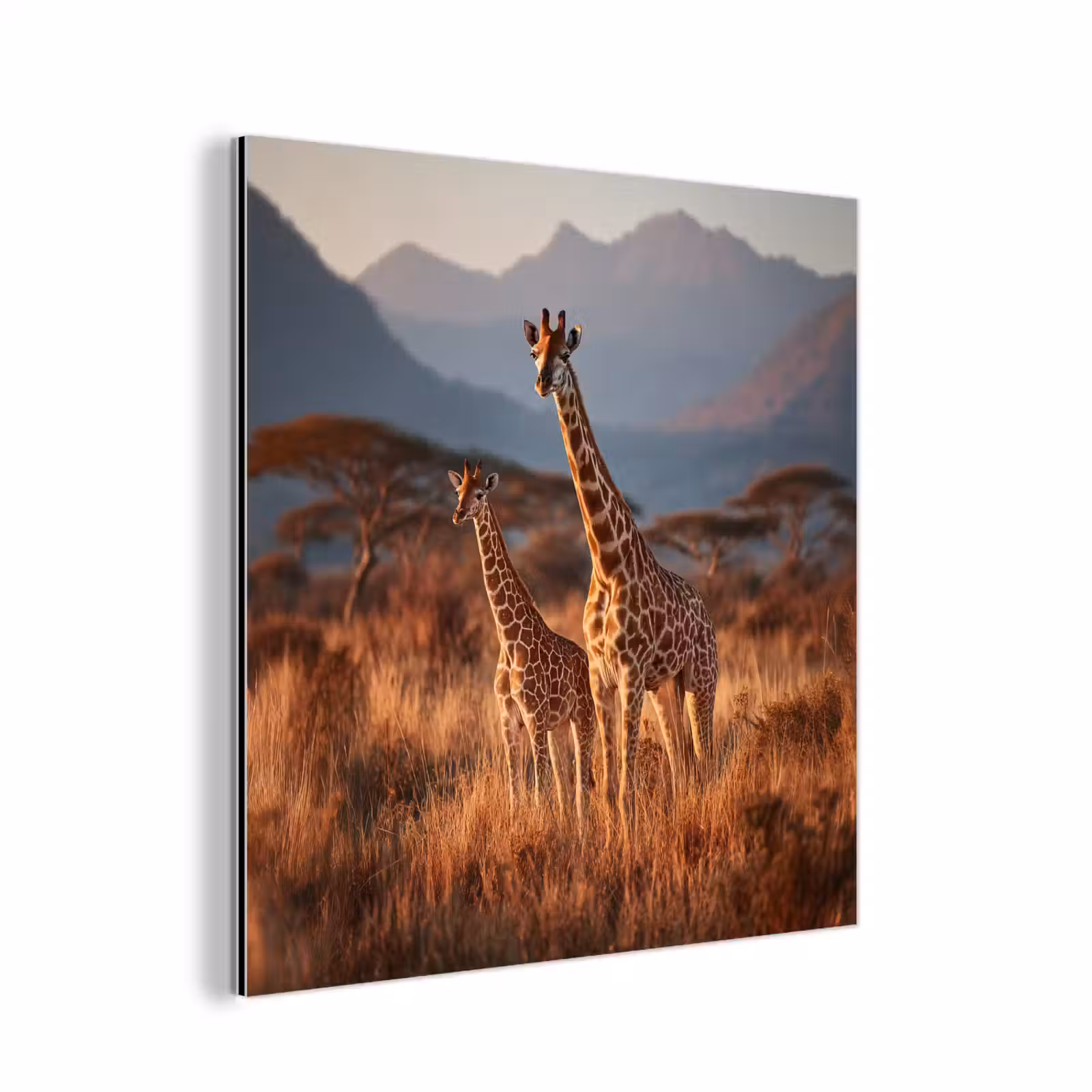 Aluminium schilderij - Giraffen - Hoog gras - Acaciabomen — 1