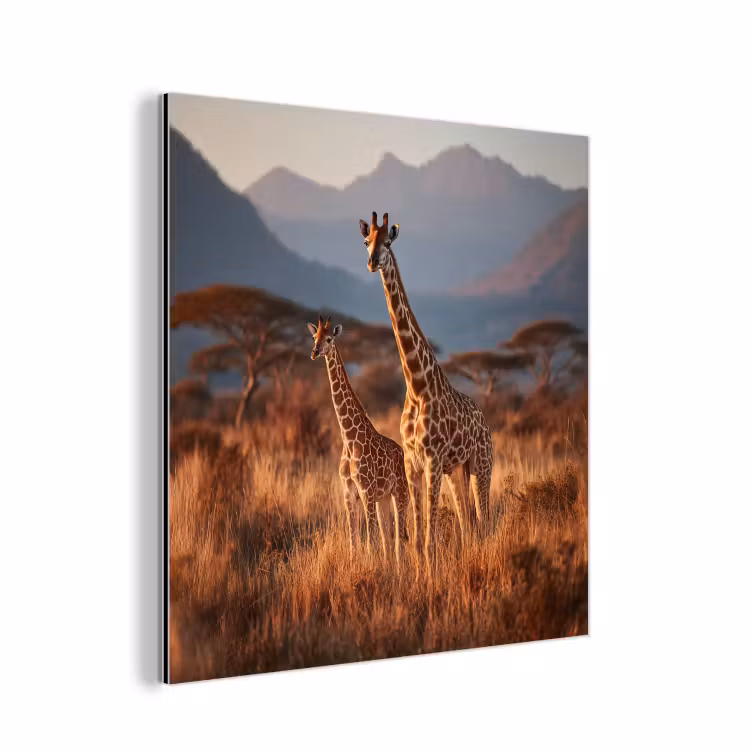 Aluminium schilderij - Giraffen - Hoog gras - Acaciabomen — 1
