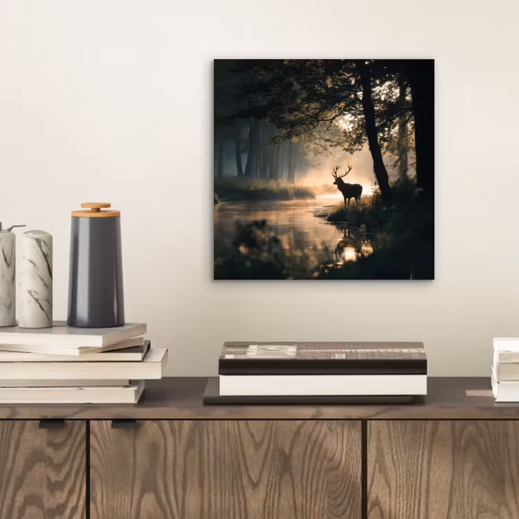 Aluminium schilderij - Hert - Bosbeek - Mystiek — 2