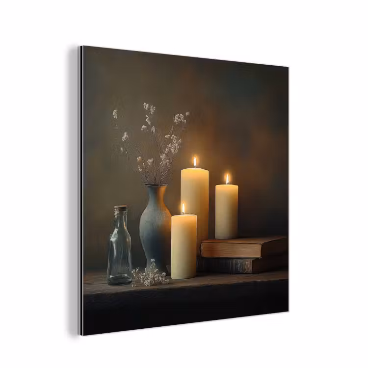 Aluminium schilderij - Kaarsen - Stilleven - Rustiek - Boeken — 1