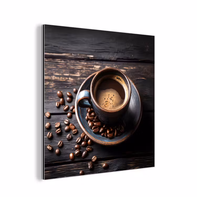 Aluminium schilderij - Kop - Koffie - Hout - Bonen — 1