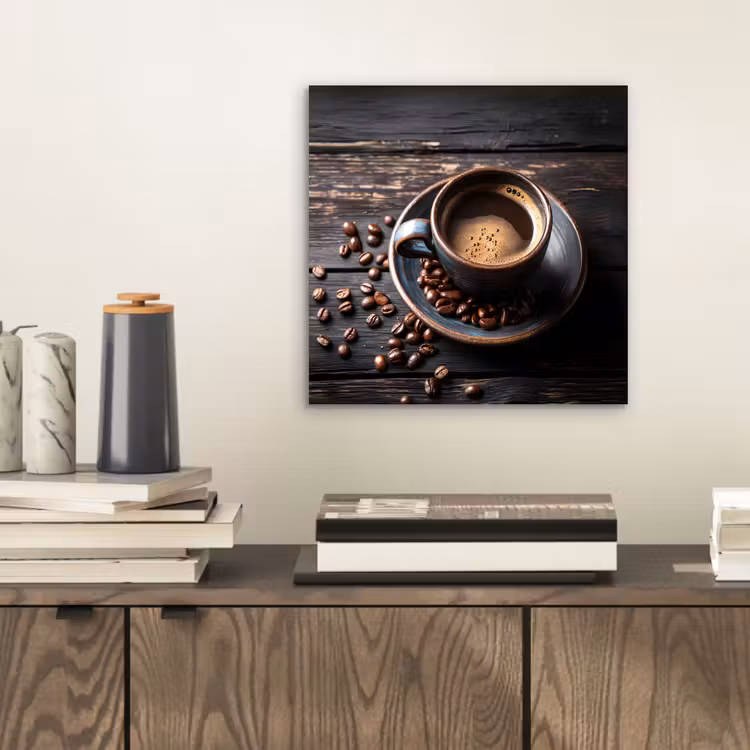 Aluminium schilderij - Kop - Koffie - Hout - Bonen — 2