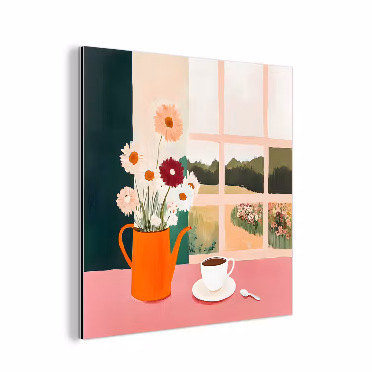 Aluminium schilderij - Bloemen - Koffie - Raam — 1