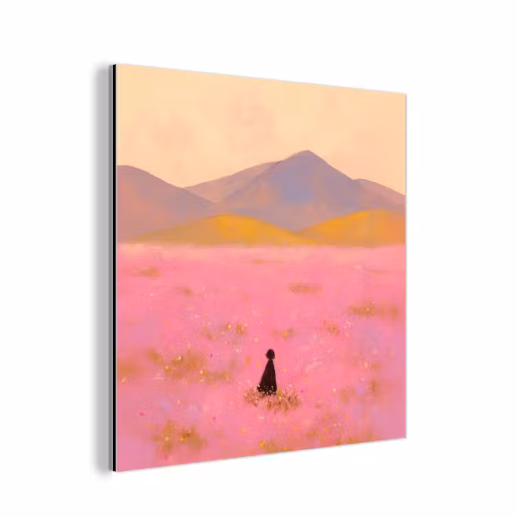 Aluminium schilderij - Bloemenweide - Heuvels - Silhouet - Roze — 1