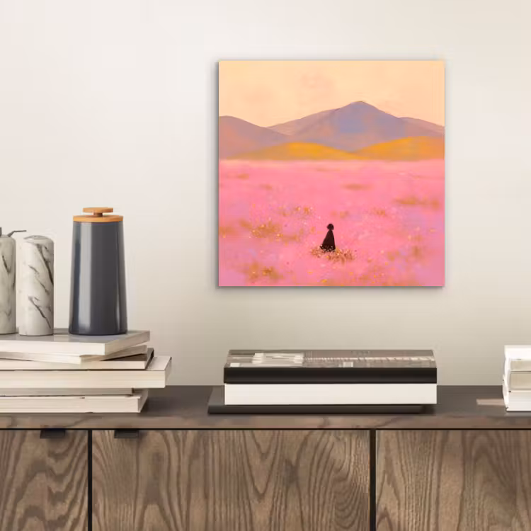 Aluminium schilderij - Bloemenweide - Heuvels - Silhouet - Roze — 2