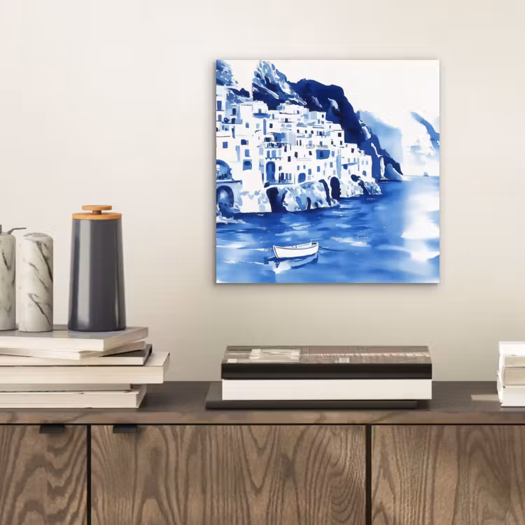 Aluminium schilderij - Dorp - Rotswand - Roeiboot - Water — 2