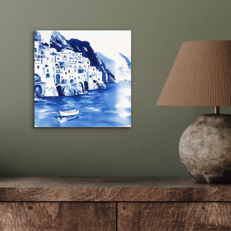 Aluminium schilderij - Dorp - Rotswand - Roeiboot - Water — 3