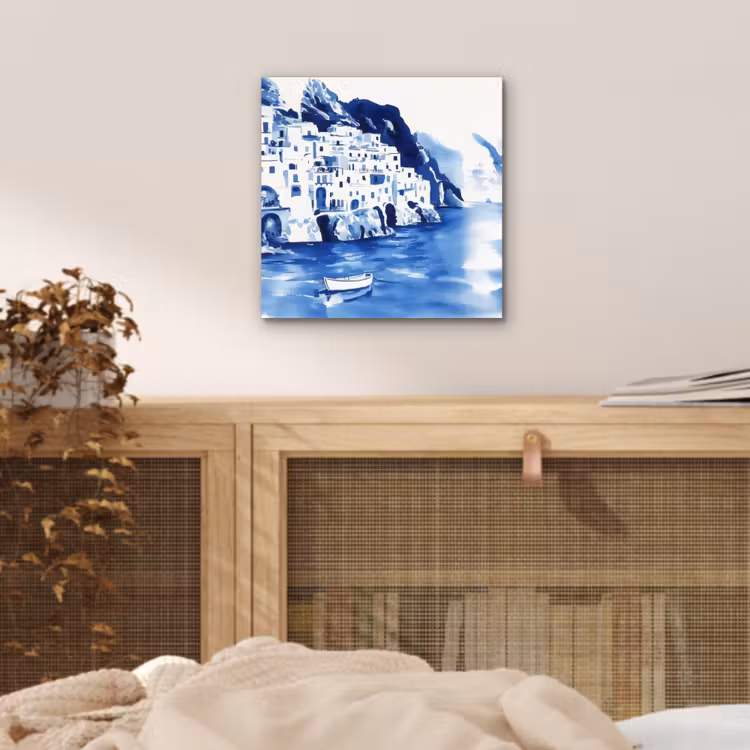 Aluminium schilderij - Dorp - Rotswand - Roeiboot - Water — 4