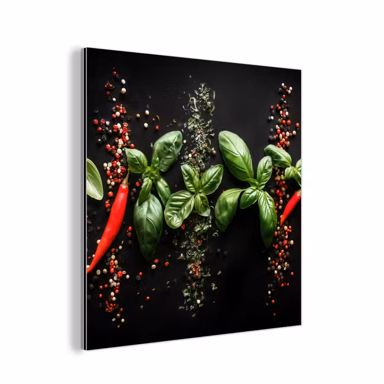 Aluminium schilderij - Chilipepers - Basilicum - Blaadjes - Rood — 1