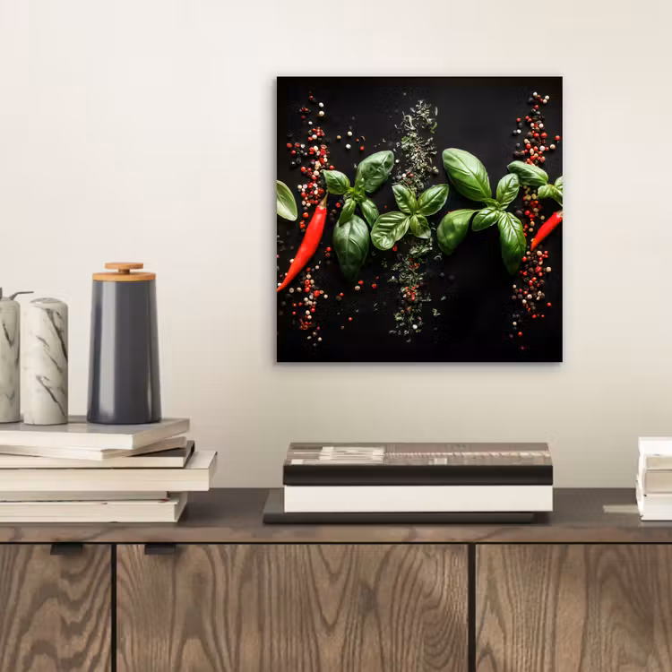 Aluminium schilderij - Chilipepers - Basilicum - Blaadjes - Rood — 2