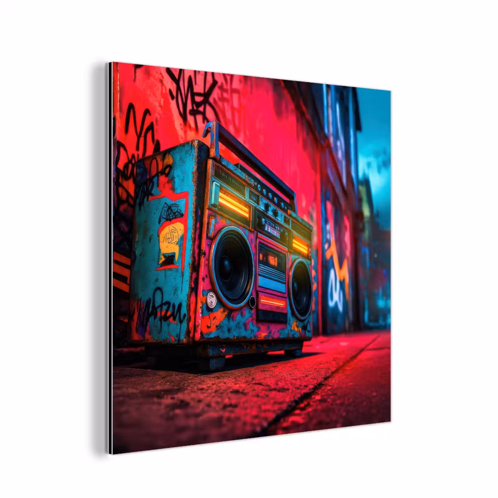 Aluminium schilderij - Boombox - Rood - Graffiti - Neon — 1