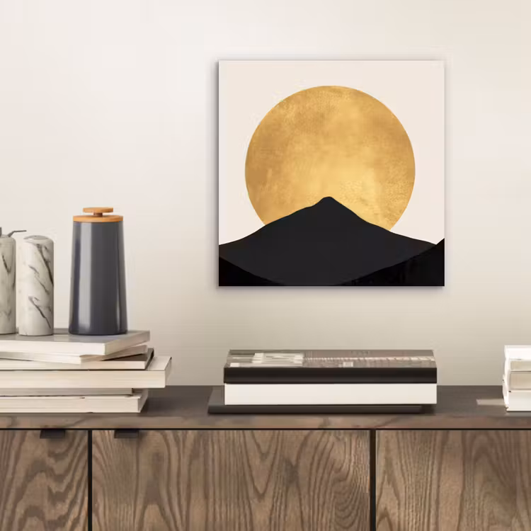 Aluminium schilderij - Bergsilhouetten - Gouden cirkel - Beige — 2