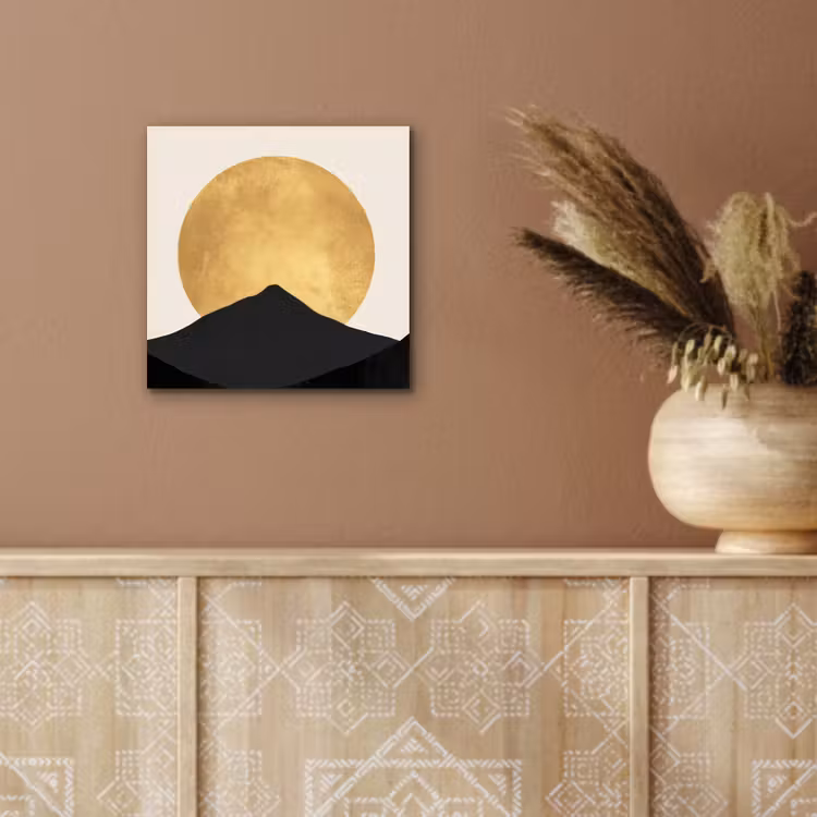 Aluminium schilderij - Bergsilhouetten - Gouden cirkel - Beige — 5