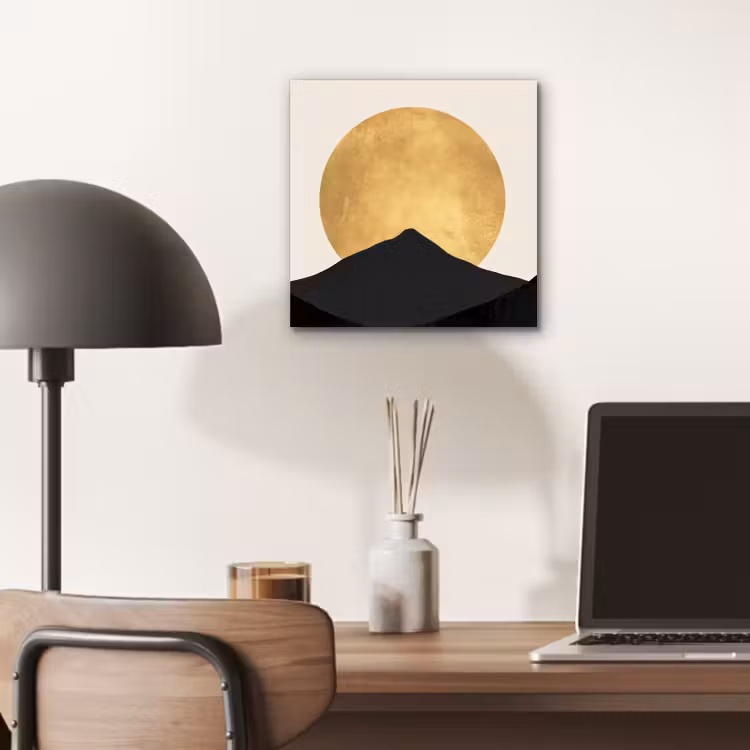Aluminium schilderij - Bergsilhouetten - Gouden cirkel - Beige — 6