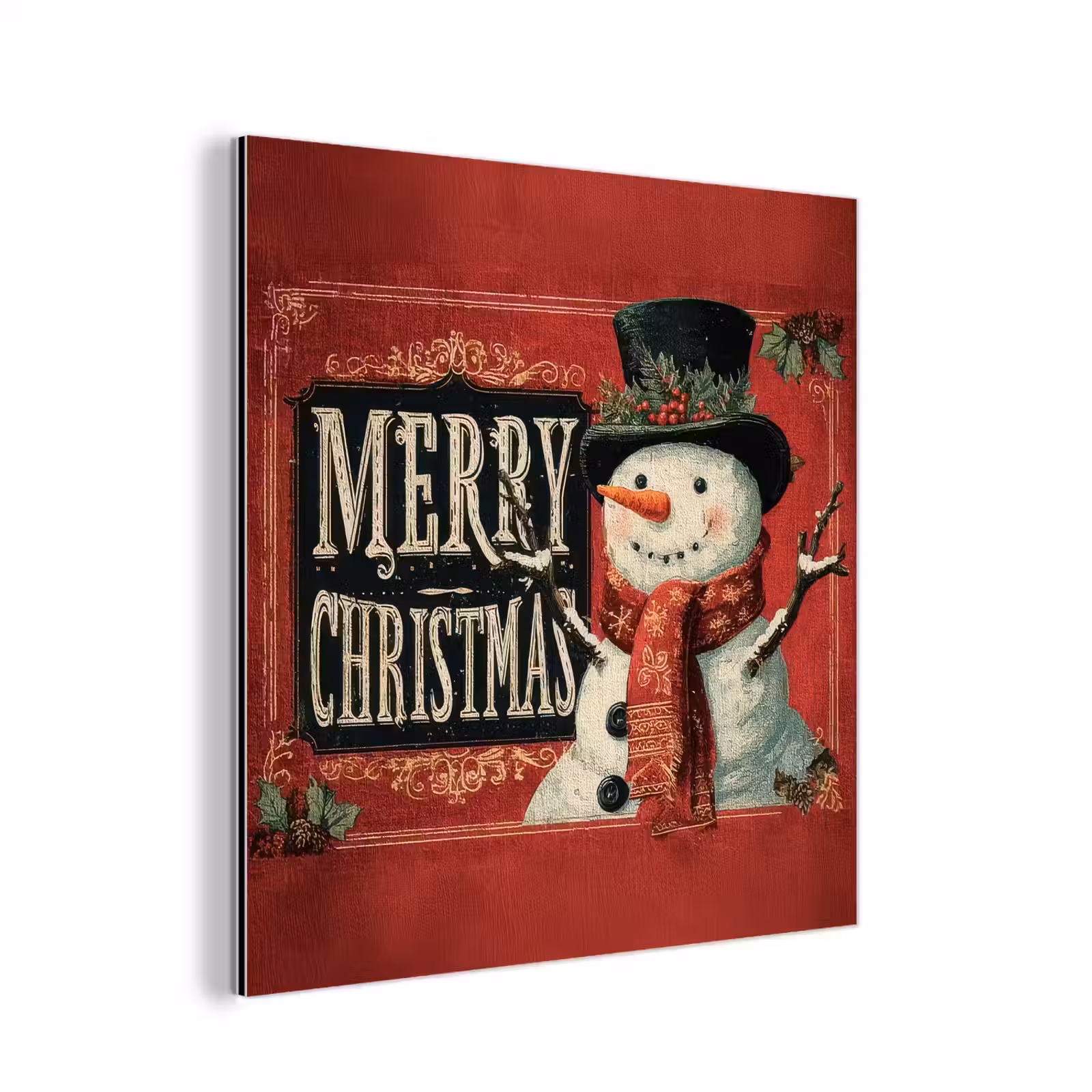 Aluminium schilderij - Klassiek - Kerstgroet - Sneeuwpop - Rood — 1