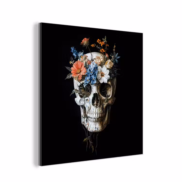 Aluminium schilderij - Bloemen - Schedel - Kleurrijk — 1