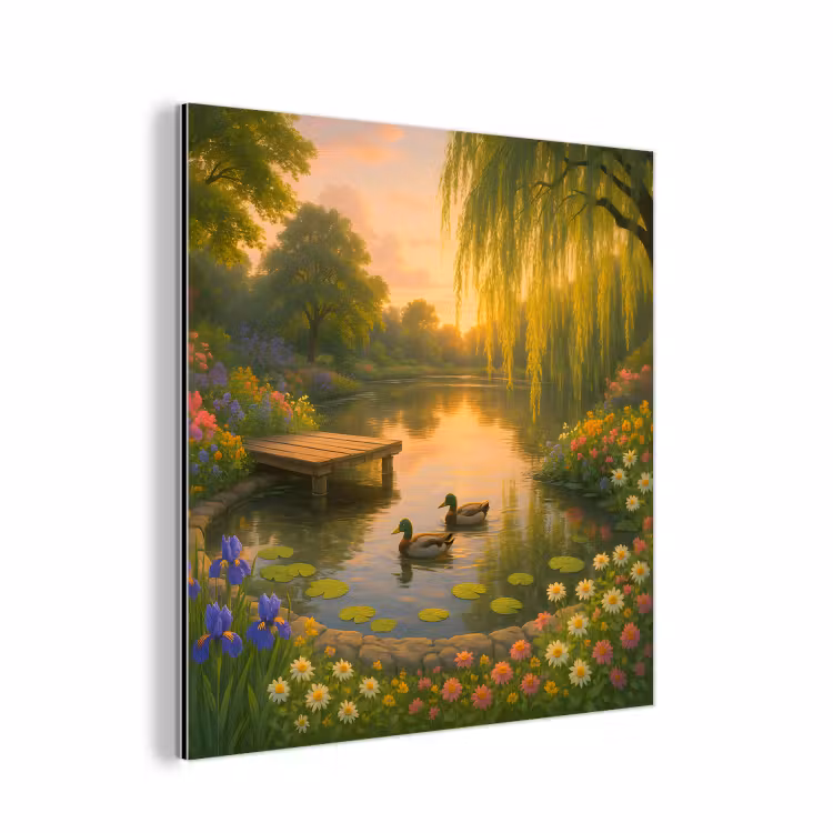 Aluminium schilderij - Eenden - Vijver - Bloemen — 1