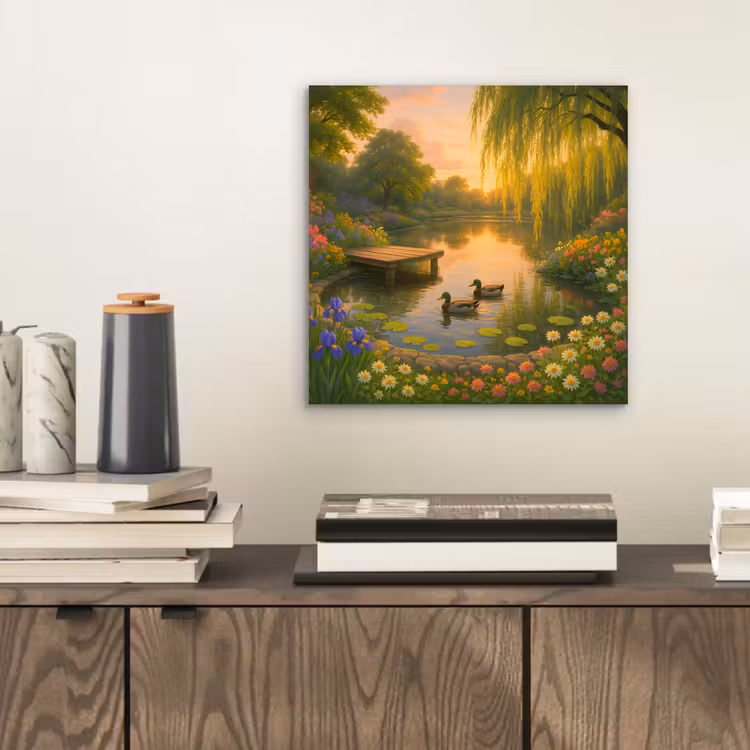 Aluminium schilderij - Eenden - Vijver - Bloemen — 2