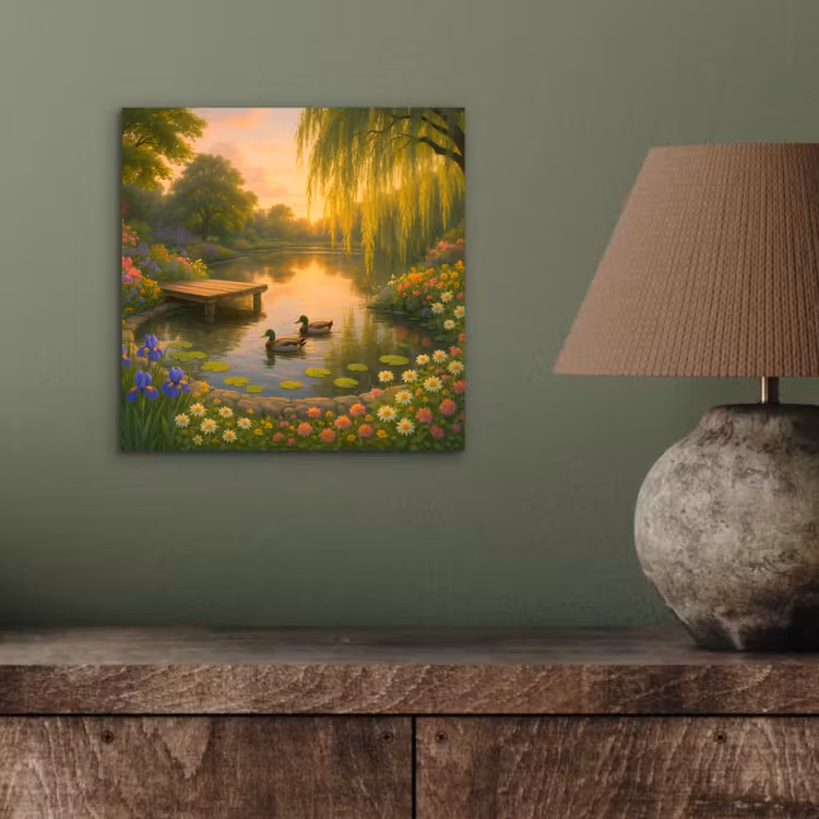 Aluminium schilderij - Eenden - Vijver - Bloemen — 3
