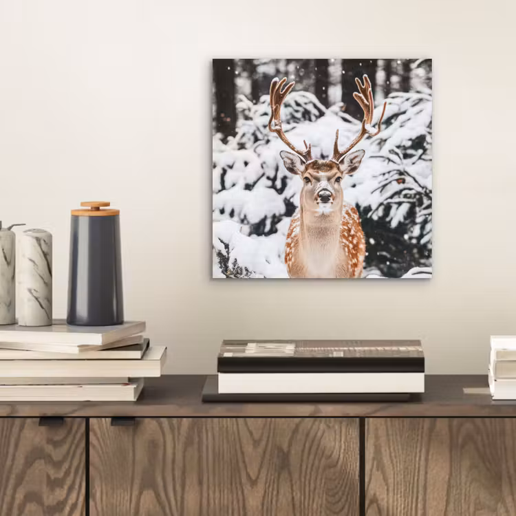 Aluminium schilderij - Hert - Sneeuw - Winter - Bos - Dieren — 2