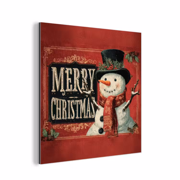 Aluminium schilderij - Klassiek - Kerstgroet - Sneeuwpop - Rood — 1