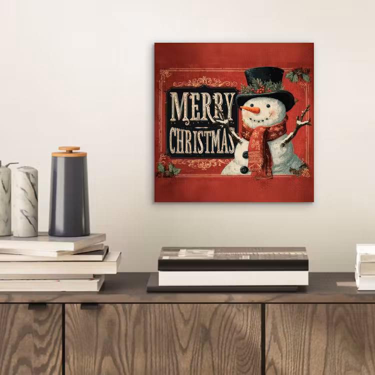 Aluminium schilderij - Klassiek - Kerstgroet - Sneeuwpop - Rood — 2