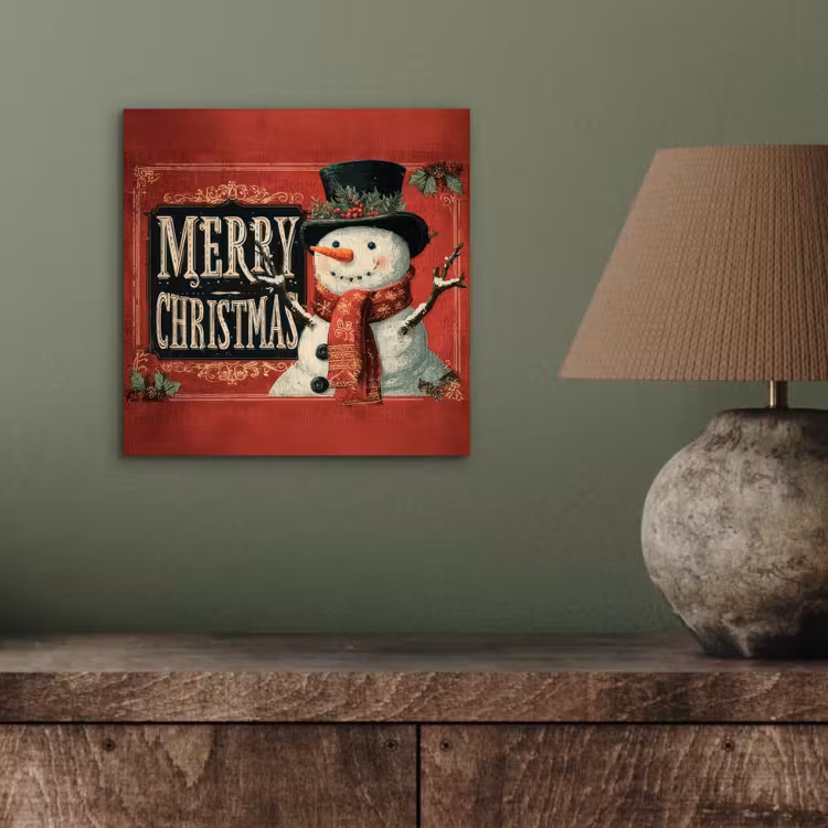 Aluminium schilderij - Klassiek - Kerstgroet - Sneeuwpop - Rood — 3