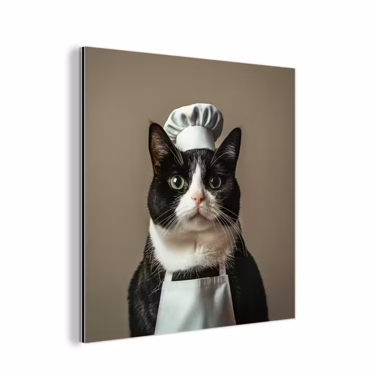 Aluminium schilderij - Kat - Kokskleding - Zwart - Wit — 1