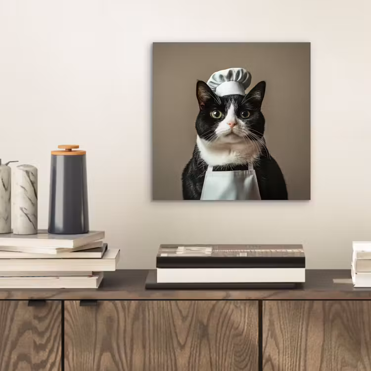 Aluminium schilderij - Kat - Kokskleding - Zwart - Wit — 2